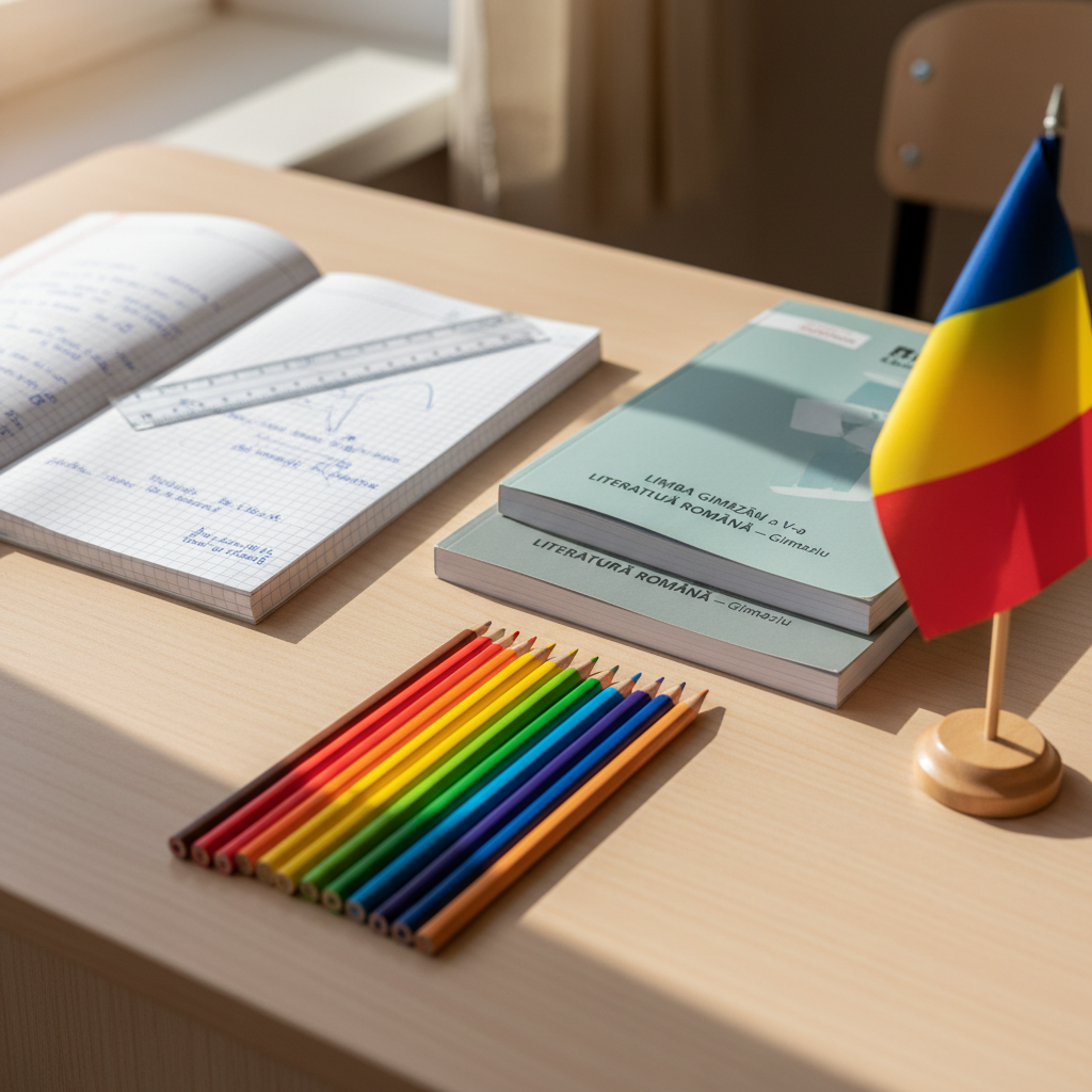 A close-up view of educational materials used at ?coala Gimnazial? Târ?ol?, arranged neatly on a light wooden desk: freshly sharpened colored pencils aligned by hue, Romanian language textbooks with clean covers, a checked notebook open to a neatly written page, a transparent ruler, and a small Romanian flag standing in a simple base. Soft daylight from a side window washes over the desk, creating gentle highlights on the pencil tips and subtle shadows behind each object. The camera uses a shallow depth of field, focusing sharply on the center of the arrangement while the edges blur slightly. The mood is studious, organized, and hopeful, in clean, realistic photographic style ideal for illustrating educational values.