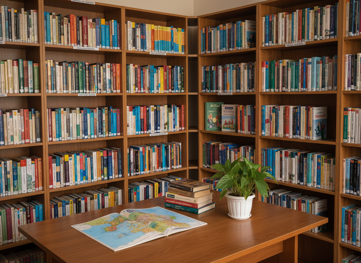 A well-stocked school library corner at ?coala Gimnazial? Târ?ol?, with tall wooden shelves filled with neatly arranged textbooks, storybooks, and encyclopedias in Romanian, their colorful spines creating a vibrant yet orderly pattern. In the foreground, a sturdy rectangular table holds an open atlas, a stack of literature books, and a small green plant in a simple white pot. Diffused daylight streams in from an unseen window, creating soft highlights along the edges of the books and subtle, warm shadows beneath the furniture. Shot at eye level with moderate depth of field, the shelves in the background remain clear but slightly softer, conveying a calm, studious, inclusive atmosphere in detailed photographic realism.