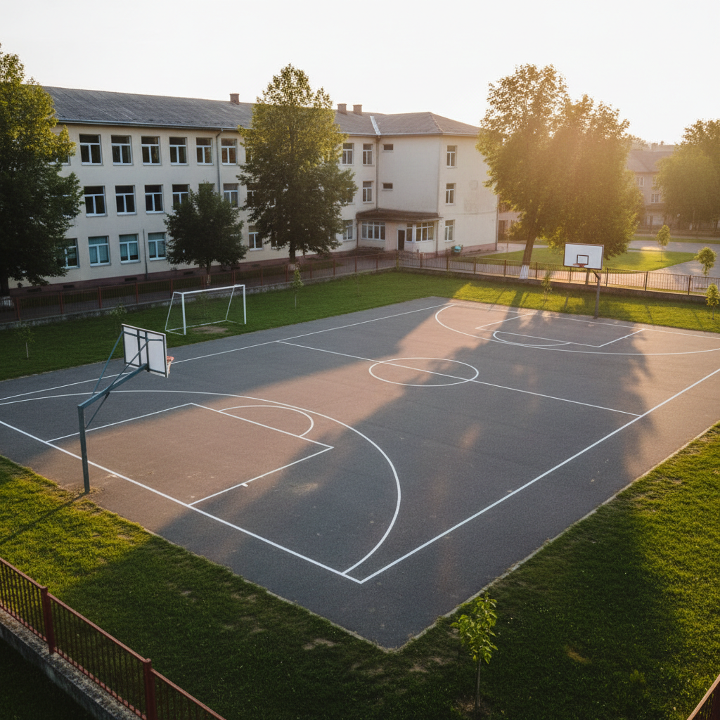 A spacious schoolyard at ?coala Gimnazial? Târ?ol?, captured during a quiet moment, with a central asphalted area marked with clear white lines for sports, surrounded by a low, safe fence and patches of green grass. Basketball hoops stand at each end, their nets intact and slightly worn, and a small goalpost is visible at the side. Late afternoon sunlight casts long, soft shadows from nearby trees and from the school building in the background. The camera uses a wide-angle, eye-level composition, showing the full extent of the yard with crisp detail. The atmosphere is open, energetic yet calm, suggesting physical activity, community gatherings, and extracurricular projects, in authentic photographic realism.