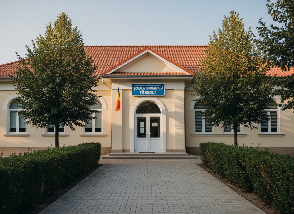 A neat exterior view of ?coala Gimnazial? Târ?ol?, a low, well-maintained school building with light-colored plastered walls, red tiled roof, clear Romanian signage, and a visible tricolor flag gently extended by a light breeze. The entrance pathway is bordered by trimmed hedges and a few mature trees with lush green foliage. Soft afternoon natural light illuminates the façade, creating gentle, realistic shadows along the windows and doorway. The mood is welcoming, safe, and professional. Photographed at eye level with a wide-angle lens for sharp focus from the foreground pathway to the distant roofline, in clean, photographic realism suitable for an educational institution’s homepage hero image.