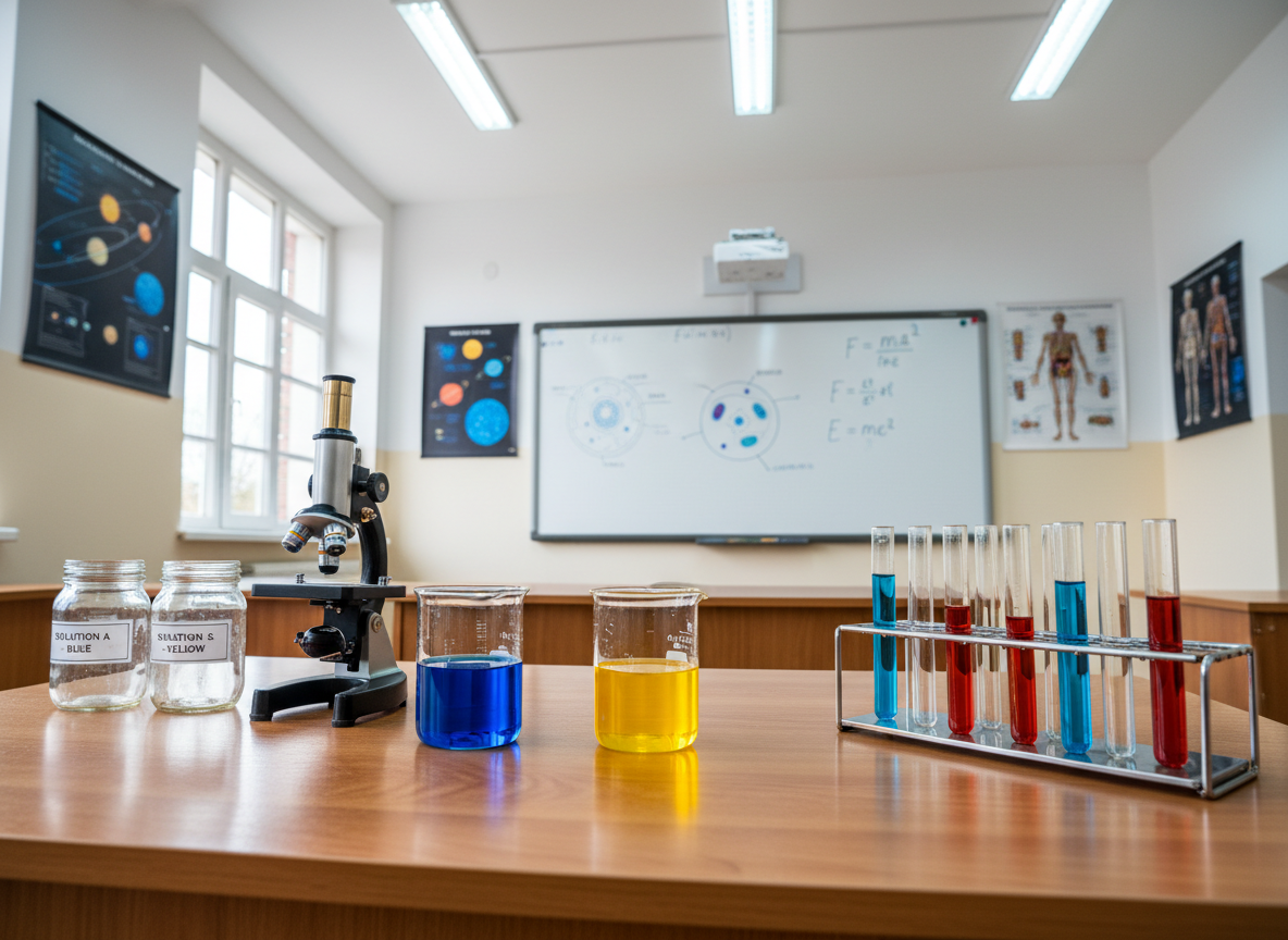 A dedicated science classroom workspace in ?coala Gimnazial? Târ?ol?, featuring a central demonstration table with neatly arranged glass beakers, test tubes in a metal rack, a classic light microscope, and labeled containers of safe, colorful solutions. Behind, a clean whiteboard displays hand-drawn diagrams of plant cells and simple physics formulas. The walls show laminated educational posters about the solar system and human body. Overhead, neutral ceiling lights combine with subtle daylight from side windows to create bright, even lighting with minimal glare. Captured from a slightly low angle toward the front table, the composition uses rule of thirds, emphasizing equipment while keeping the environment sharp, promoting curiosity and rigorous learning in a realistic, professional photographic style.