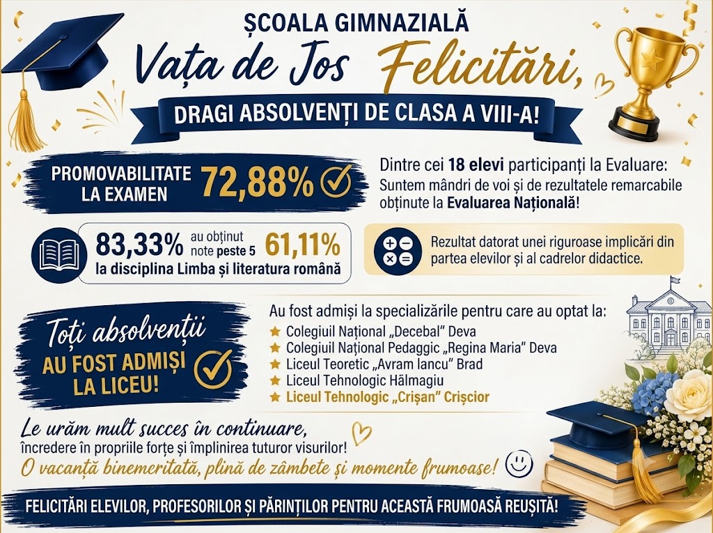 Felicitări Absolvenților Clasei a VIII-a, Promoția 2026!